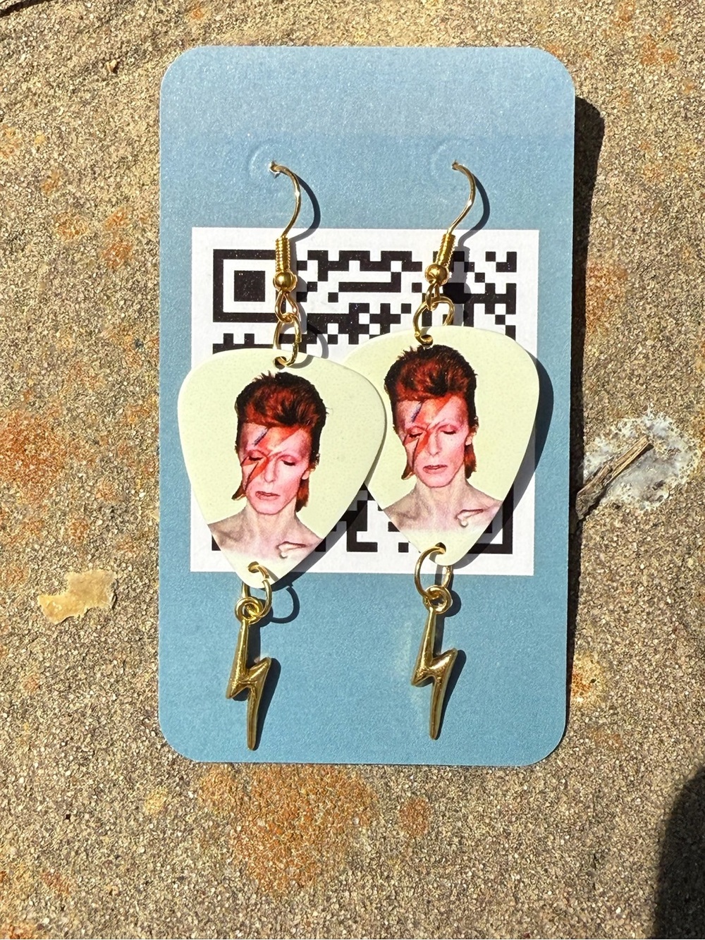 David Bowie Gold Lightning Charm Drop Earrings